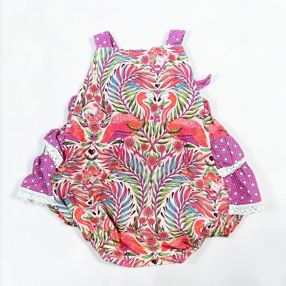 Ricrac & Ruffles Flamingo Floral Ruffle Bubble Romper Pink Purple 24M 2T Girls